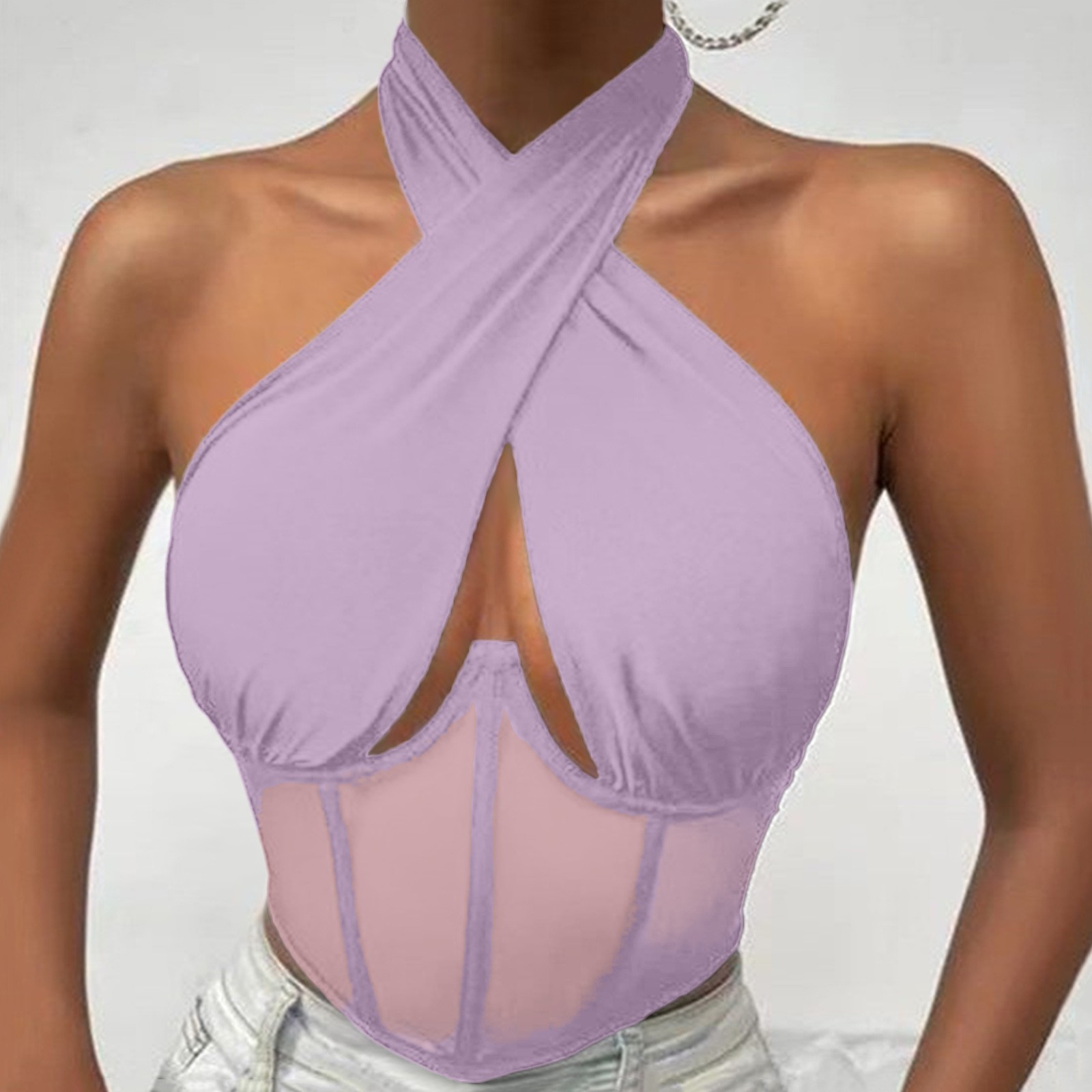 thumbnail image 2 of Chaleco sin mangas con tirantes para mujer - Top corsé con escote irregular, poliéster, verano/fiesta - Tallas XS-L, 2 of 6
